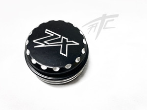 ZX-14 BLACK CONTRAST CUT “ZX” ENGRAVED BILLET YOKE CAP PLUG 06-24 KAWASAKI ZX-14