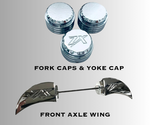 CHROME “ZX” ENGRAVED FORK CAPS, YOKE CAP, & FRONT AXLE WING 06-24 KAWASAKI ZX14