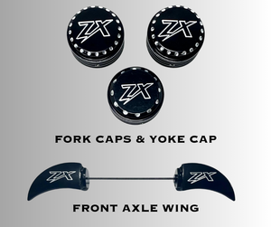 ｋａｋａ❢ CHROME “ZX” ENGRAVED FORK CAPS, YOKE CAP, & FRONT AXLE WING