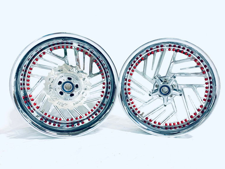 240 FAT TIRE CHROME TWIST IT WHEELS WITH RED RIVETS 04-10 KAWASAKI