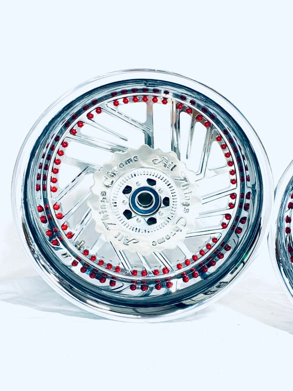 セット 300 FAT TIRE CHROME TWIST IT WHEELS WITH RED RIVETS 00-05 KAWASAKI