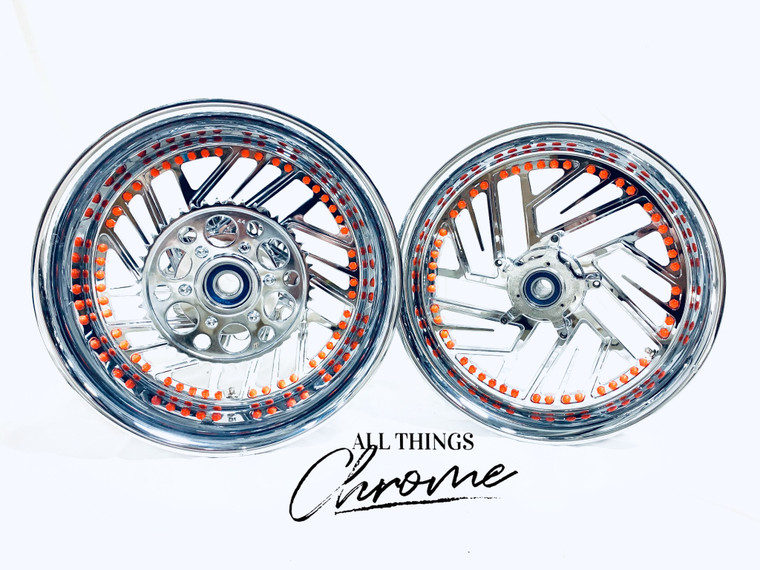 GSXR 300 FAT TIRE CHROME TWIST IT WHEELS ORANGE RIVETS 06-07 SUZUKI GSXR 600 750