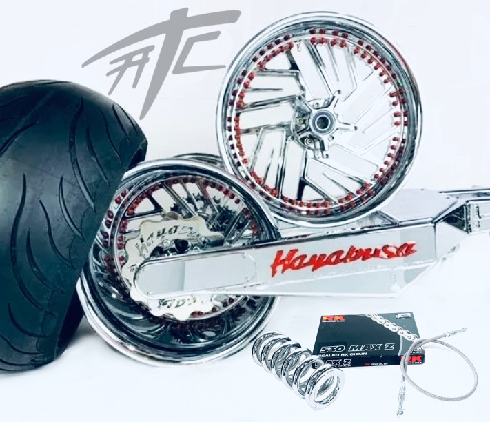 HAYABUSA 330 OSD FAT TIRE KIT CHROME & RED TWIST IT WHEELS 99-07 SUZUKI HAYABUSA