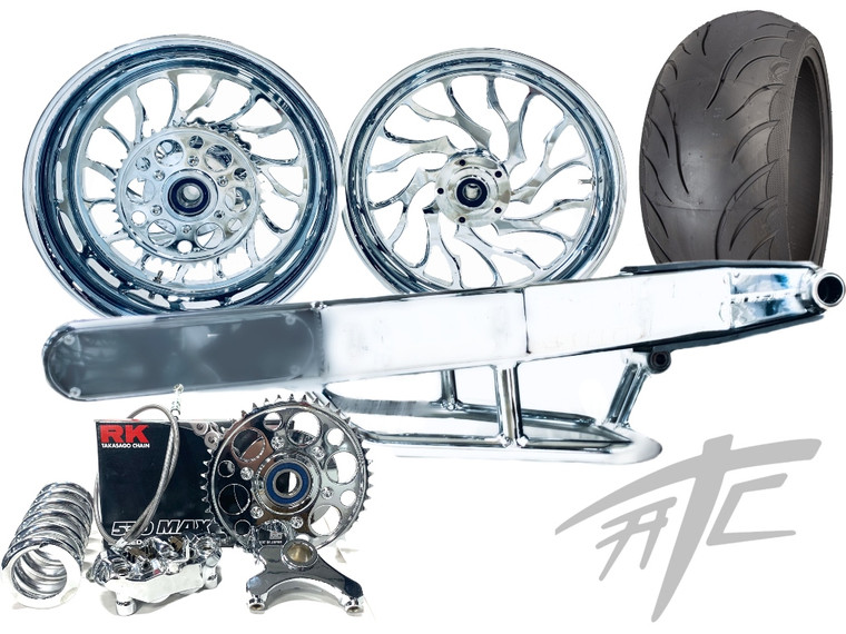 240 FAT TIRE KIT CHROME HELLIAN WHEELS CHROME LOOP ARM 13-20 SUZUKI HAYABUSA ABS