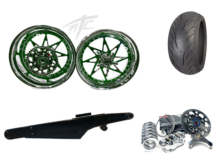 300 FAT TIRE KIT CHROME & GREEN SWITCHBACK BLACK ARM 01-05 SUZUKI GSXR 600 750