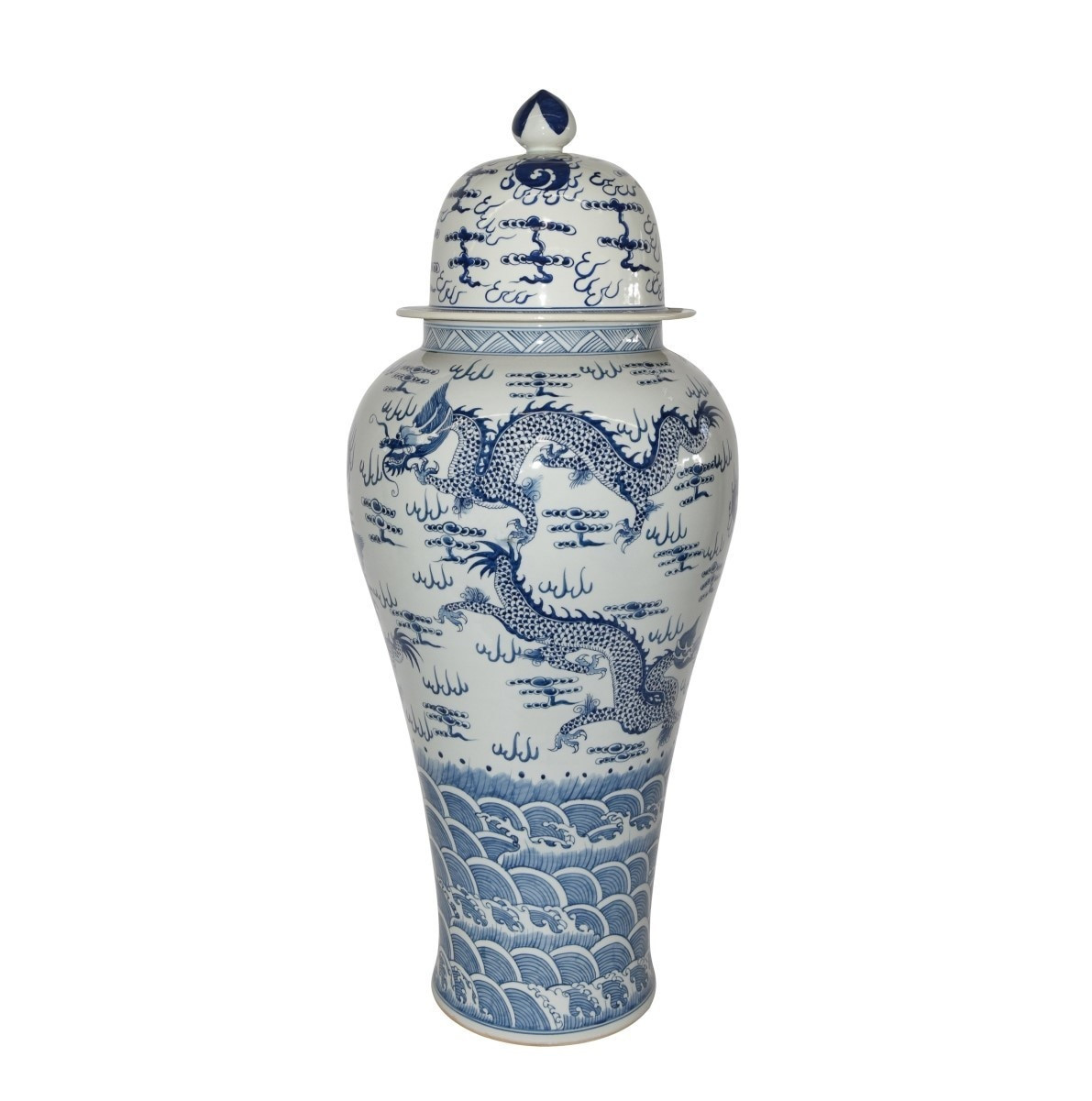 Blue & White Temple Jar Sea Dragon Motif - XL