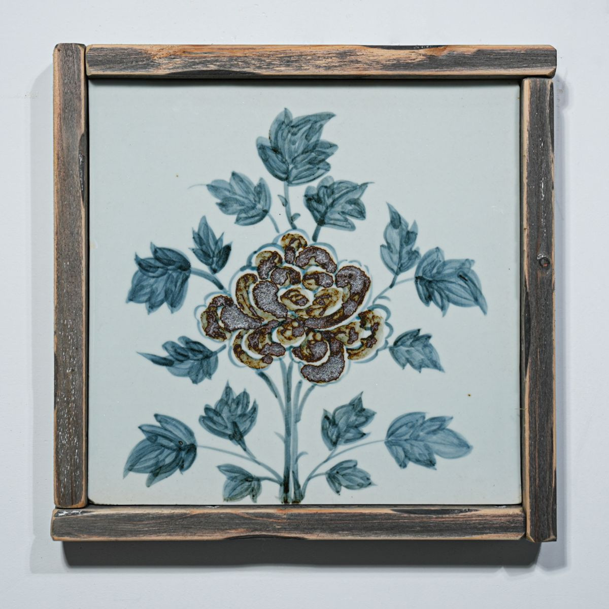 Hand Painted Blue & White Brown Porcelain Tile Peony Blossom - Framed /12F02A