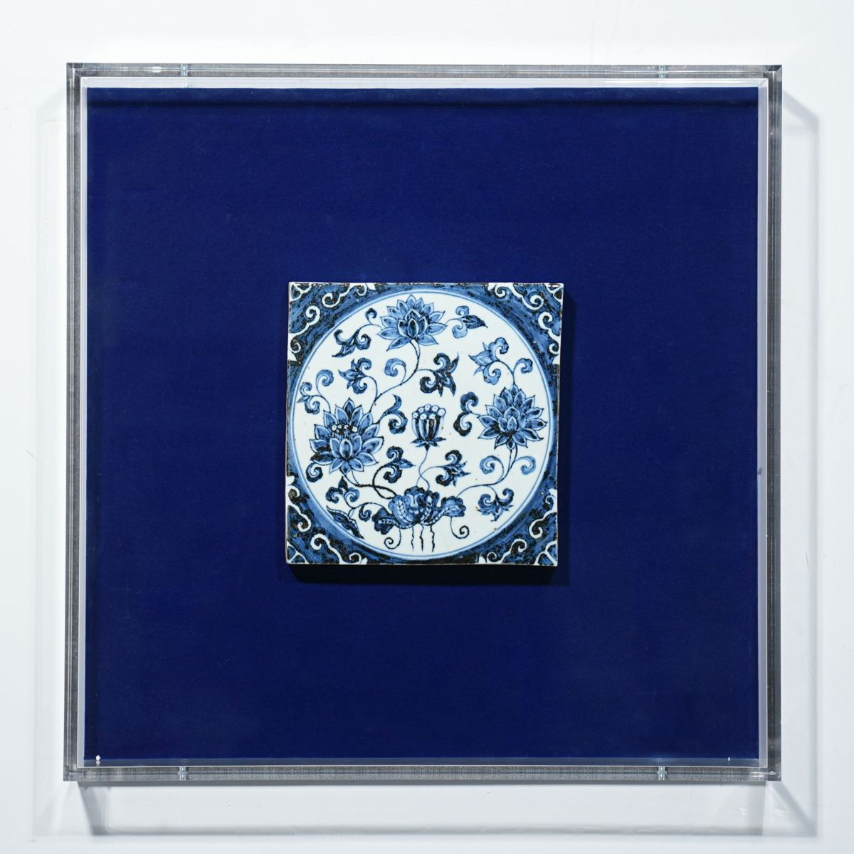 Handpainted Antique Reproduction Porcelain Tile Blue & White Blooming Lotus - Acrylic Shadow Box...