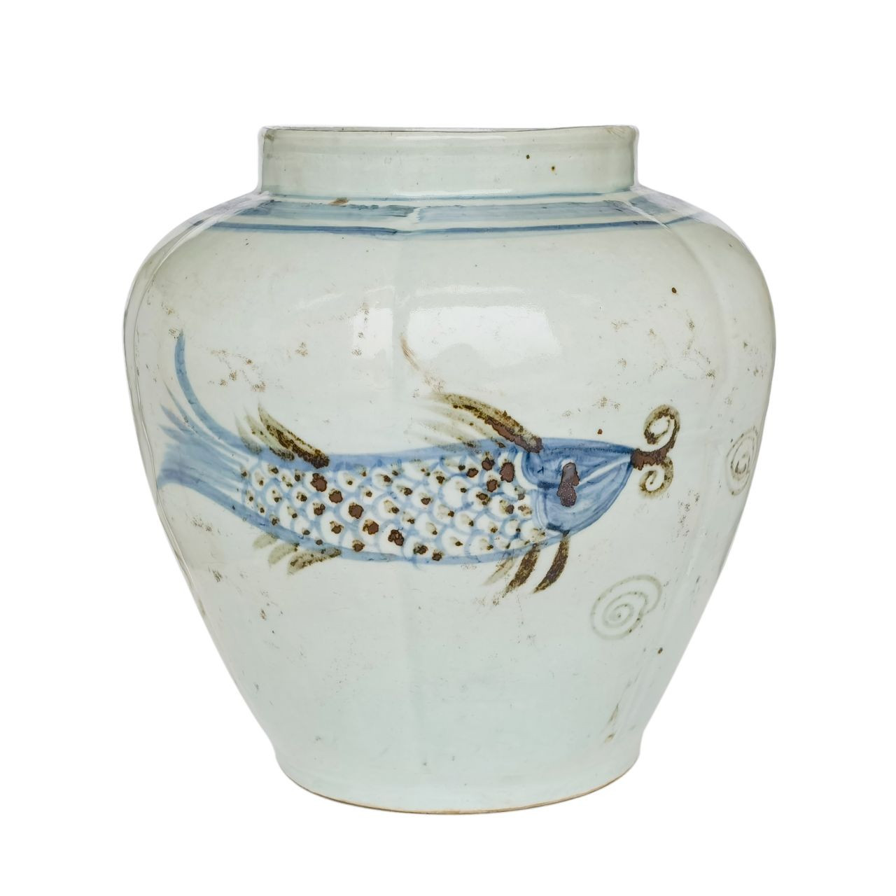 Barclay Butera Couture Blue & White ..Porcelain Fluted Open.. Top Jar Spalshing Koi