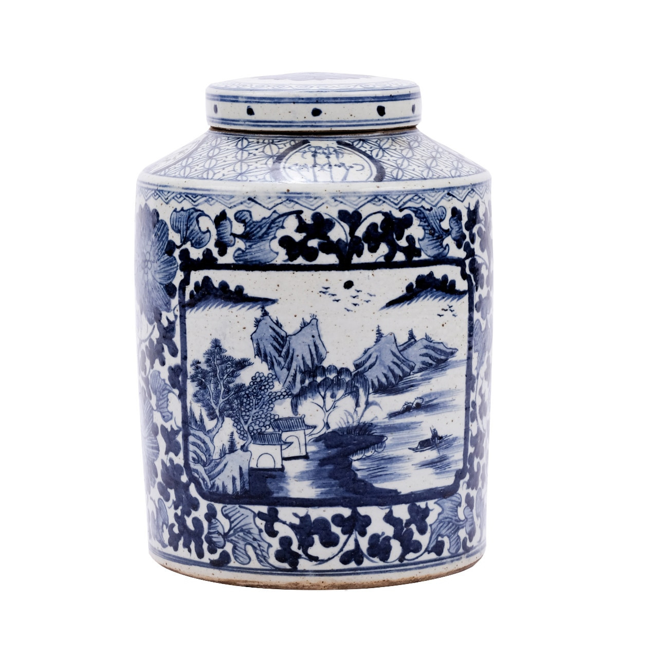 Blue & White Porcelain Dynasty Tea Jar Floral Landscape Medallion