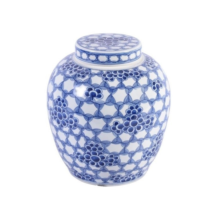 Blue & White Porcelain Honeycomb Floral Lidded Ming Jar