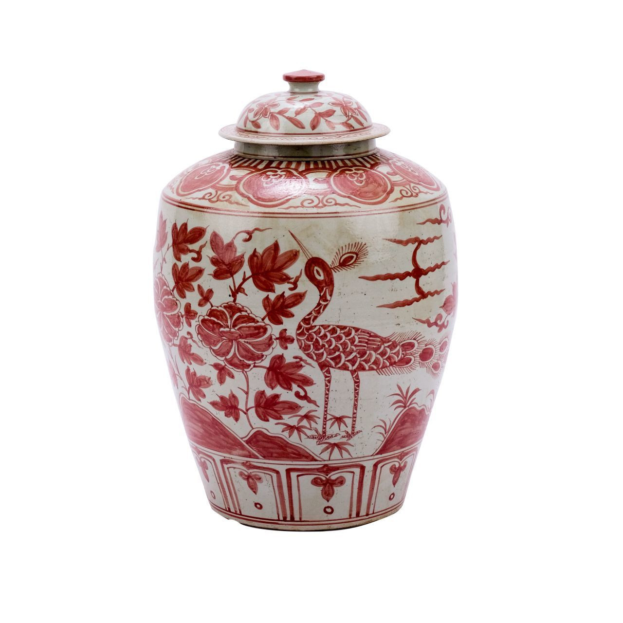 Coral Red Barn Porcelain Jar Bird Motif Large