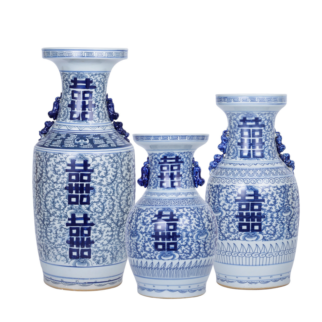 Blue And White Double Happiness Flower Vase With Ears - 3 Sizes