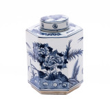 Blue & White Hexagonal  Flower Bird Tea Jar