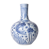 Blue & White Carved Fish Globular Vase