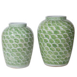 Spring Green Fish Scale Motif Porcelain Jar