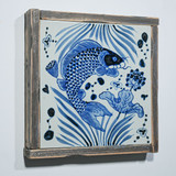 Hand Painted Blue & White Porcelain Tile Koi Lotus - Framed /12F02A