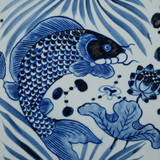 Hand Painted Blue & White Porcelain Tile Koi Lotus - Framed /12F02A