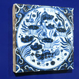 Handpainted Antique Reproduction Porcelain Tile Blue & White Lucky Fish - Acrylic Shadow Box /S04