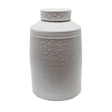 White Cylinder Tea Jar With Curly Vine Carving