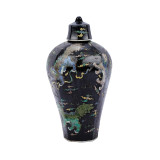 Black Hex Lidded Prunus Porcelain Vase Lion Motif