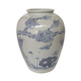 Blue And Whtie Open Top Jar With Pine Deer Motif