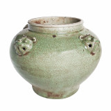 Four Lion Head Handle Jar Celadon Crackle