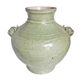 Double Lion Head Handle Jar Celadon Crackle