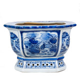 Blue And White Porcelain Octagonal Planter Floral Bird Motif