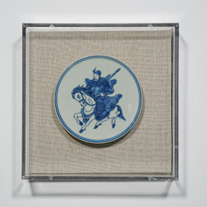 Handpainted Blue & White Porcelain Coaster Knight Riding Horse - Acrylic Shadow Box /S59