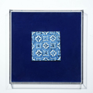 Handpainted Antique Reproduction Porcelain Tile Blue & White Lucky Knots - Acrylic Shadow Box /S06