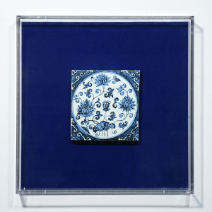 Handpainted Antique Reproduction Porcelain Tile Blue & White Blooming Lotus - Acrylic Shadow Box...