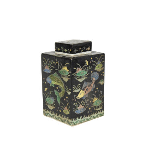 Black Square Porcelain Tea Jar Fish Motif