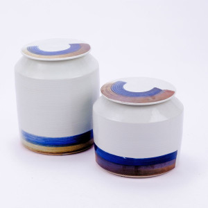 Blue & White Porcelain Brushstroke Surrounding Cylinder Jar - 2 Sizes