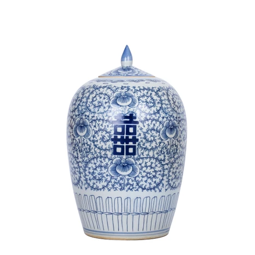 Blue And White  Porcelain Floral Double Happiness Ginger Jar