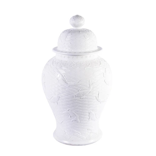 High-White Carved Fish Temple Jar