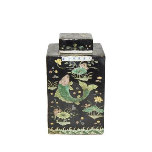 Black Square Porcelain Tea Jar Fish Motif
