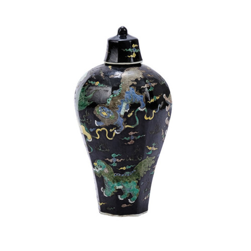 Black Hex Lidded Prunus Porcelain Vase Lion Motif