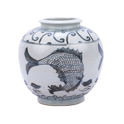 Indigo Yuan Fish Open Top Porcelain Jar