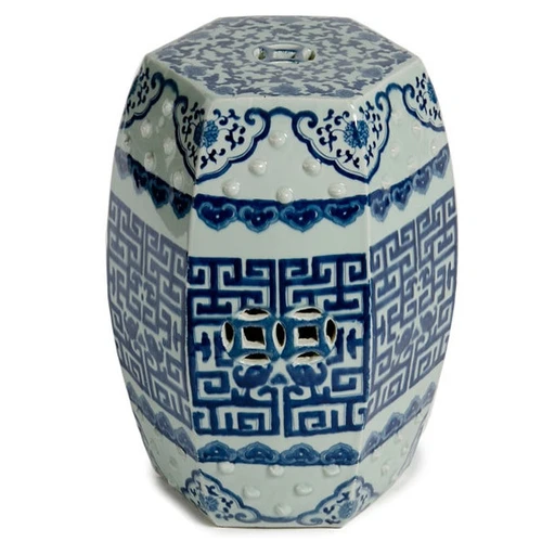 Blue & White Hex Geometric Garden Stool
