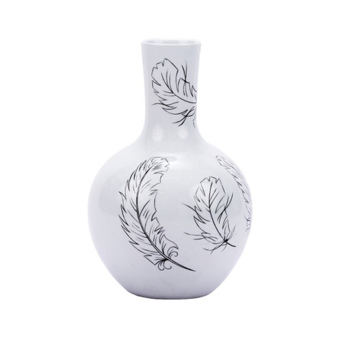 White Globular Vase With Black Feathers