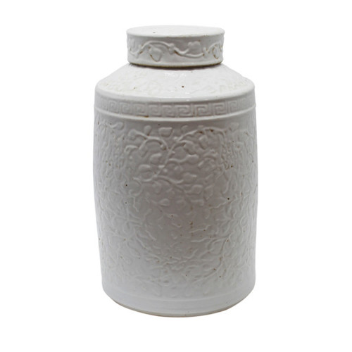 White Cylinder Tea Jar With Curly Vine Carving