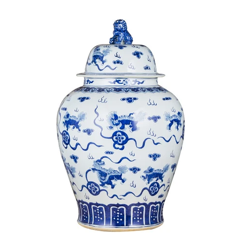 Blue & White Playing Foo Dog Porcelain Temple Jar Lion Lid XL