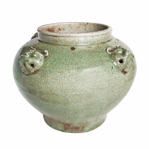 Four Lion Head Handle Jar Celadon Crackle