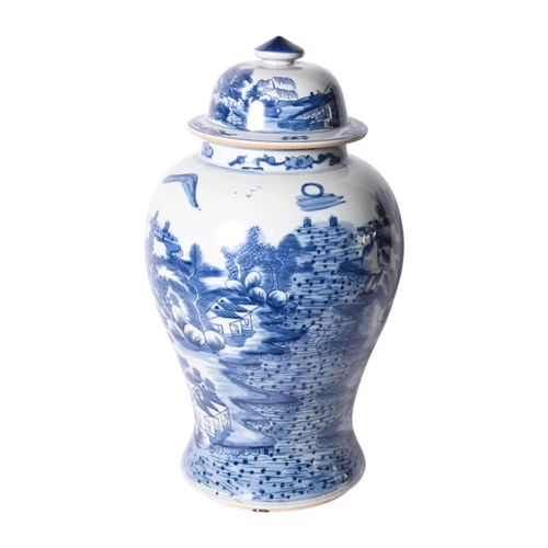 Blue & White Porcelain Temple Jar Landscape Motif