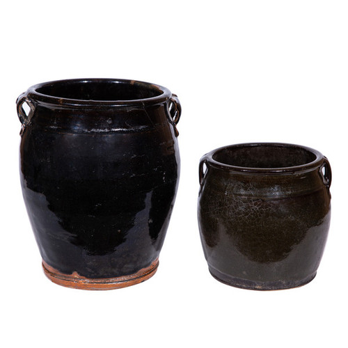 Vintage Black Glazed Double Handle Small Pot - 2 Sizes