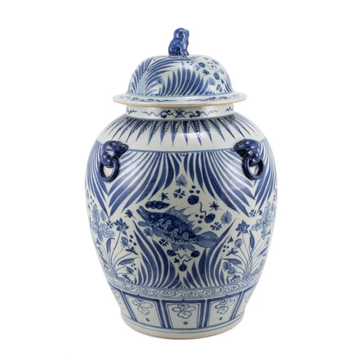 Blue And White Village Fish Lidded Jar Foo Dog Handles
