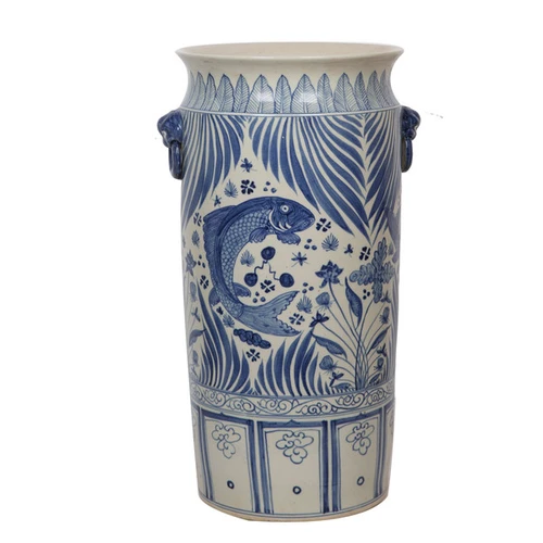 Blue & White Fish Lotus Umbrella Stand Vase