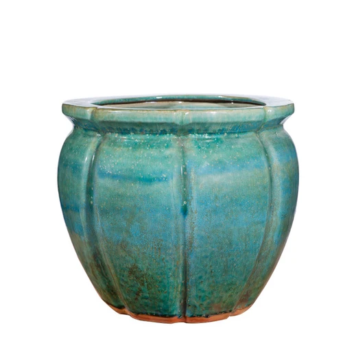Speckled Green Ribbed Round Planter
