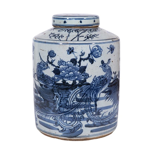 B&W Dynasty Tea Jar Phoenix Peony Motif - 2 Sizes